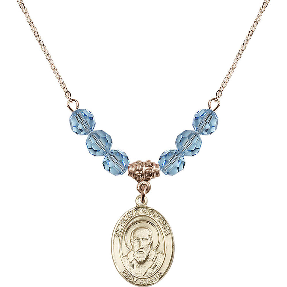 14kt Gold Filled Saint Francis de Sales Birthstone Necklace with Aqua Beads - 8035