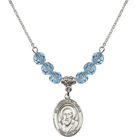 Sterling Silver Saint Francis de Sales Birthstone Necklace with Aqua Beads - 8035