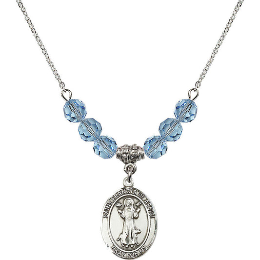 Sterling Silver Saint Francis of Assisi Birthstone Necklace with Aqua Beads - 8036