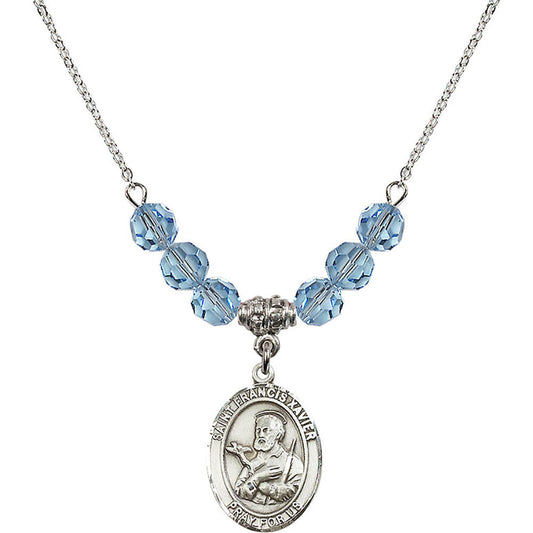 Sterling Silver Saint Francis Xavier Birthstone Necklace with Aqua Beads - 8037