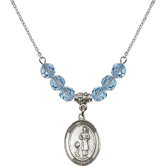 Sterling Silver Saint Genesius of Rome Birthstone Necklace with Aqua Beads - 8038