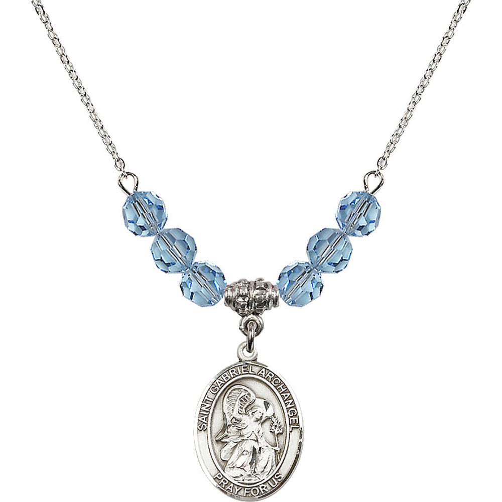 Sterling Silver Saint Gabriel the Archangel Birthstone Necklace with Aqua Beads - 8039