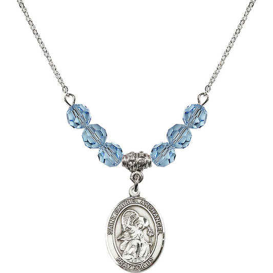 Sterling Silver Saint Gabriel the Archangel Birthstone Necklace with Aqua Beads - 8039