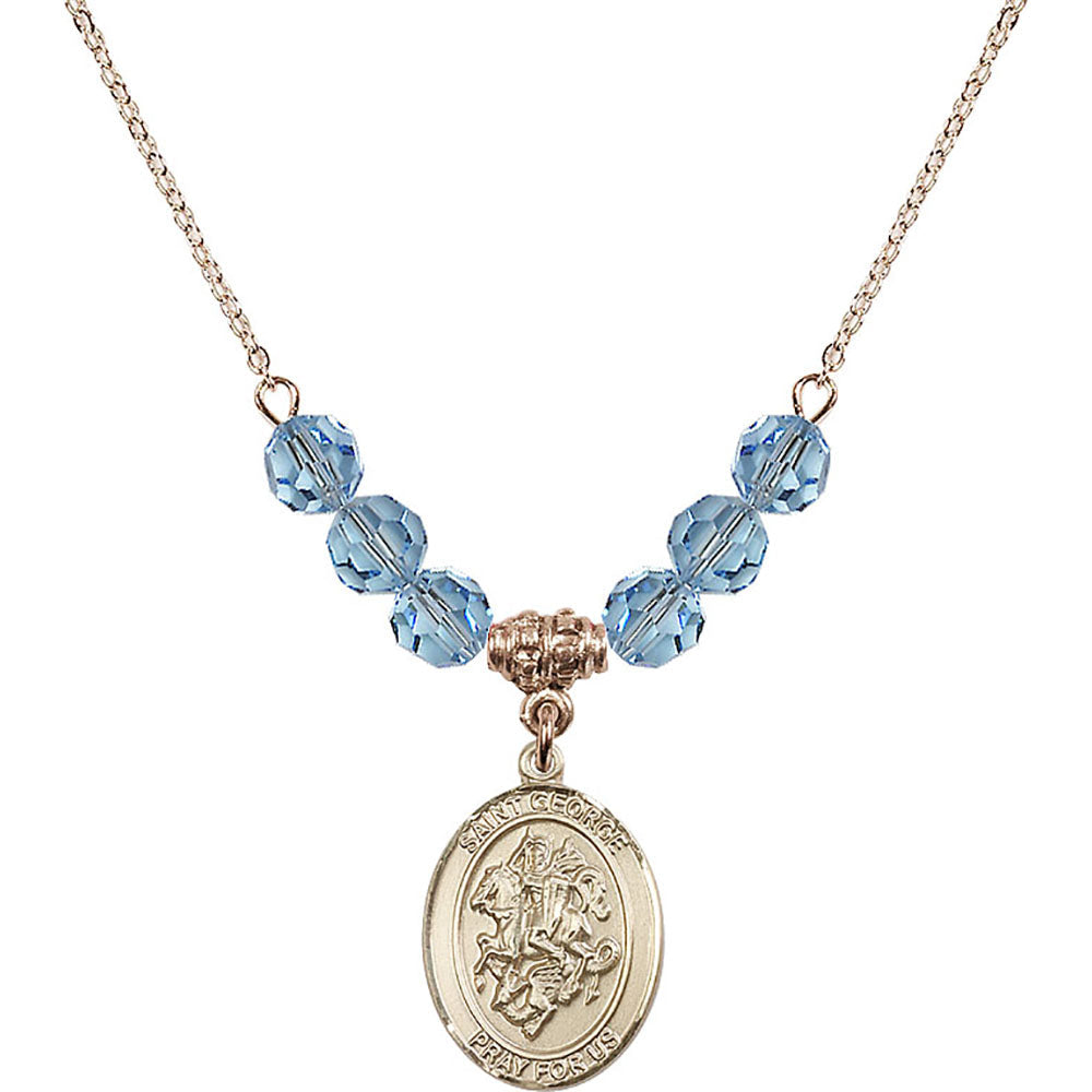 14kt Gold Filled Saint George Birthstone Necklace with Aqua Beads - 8040