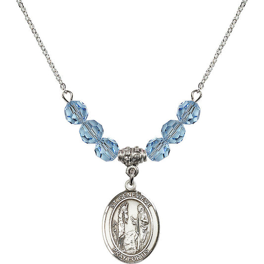 Sterling Silver Saint Genevieve Birthstone Necklace with Aqua Beads - 8041