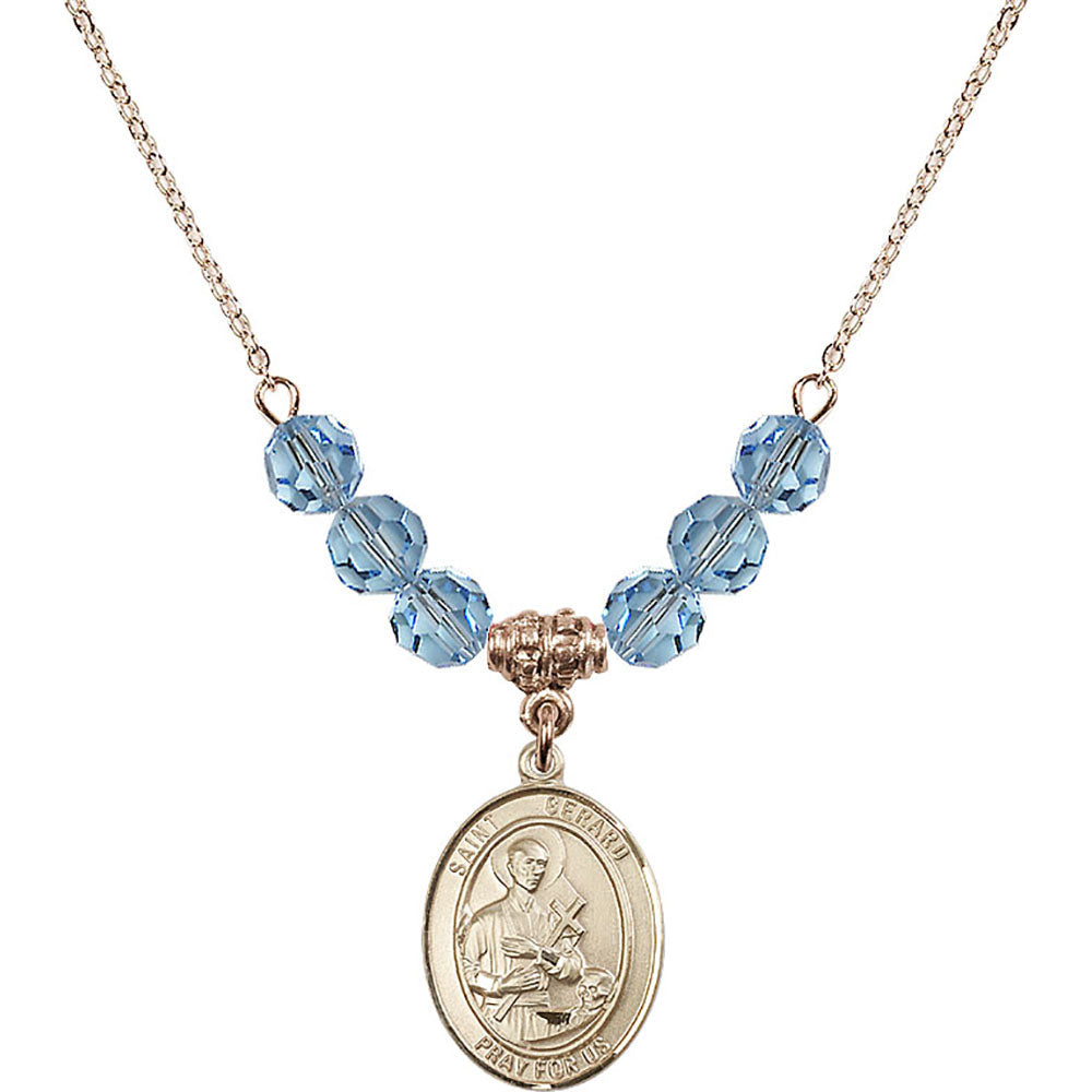 14kt Gold Filled Saint Gerard Majella Birthstone Necklace with Aqua Beads - 8042