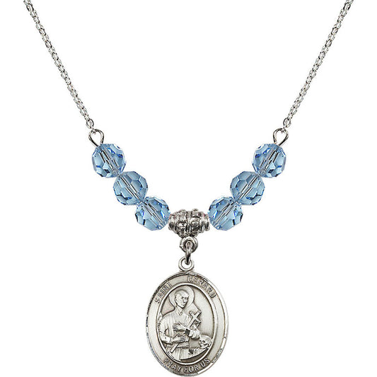 Sterling Silver Saint Gerard Majella Birthstone Necklace with Aqua Beads - 8042