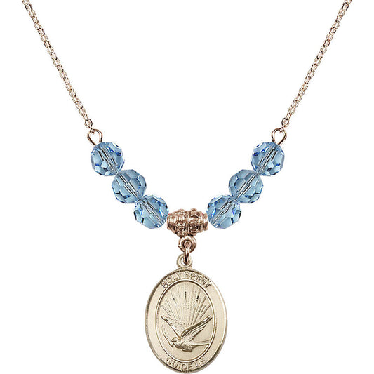 14kt Gold Filled Holy Spirit Birthstone Necklace with Aqua Beads - 8044