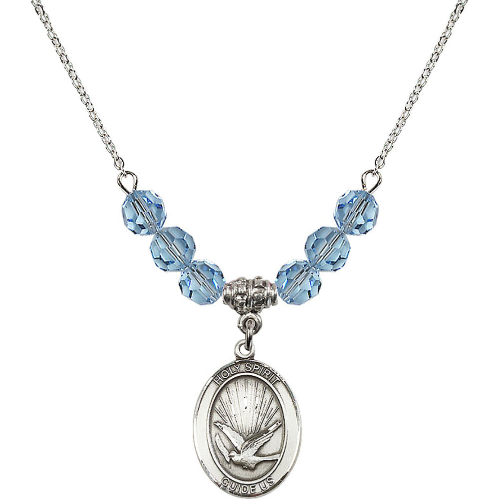 Sterling Silver Holy Spirit Birthstone Necklace with Aqua Beads - 8044