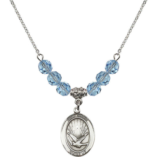 Sterling Silver Holy Spirit Birthstone Necklace with Aqua Beads - 8044