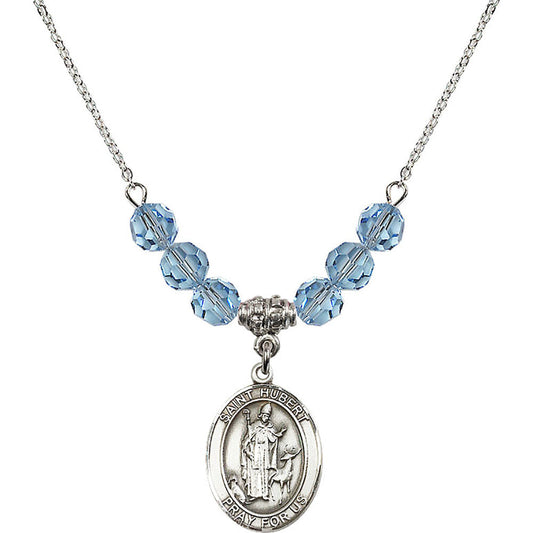 Sterling Silver Saint Hubert of Liege Birthstone Necklace with Aqua Beads - 8045