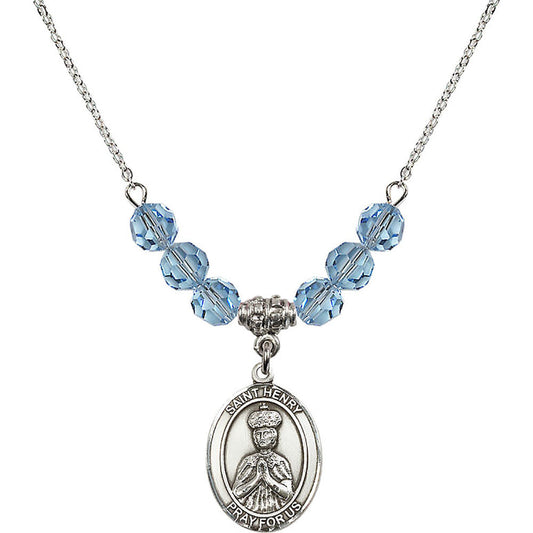 Sterling Silver Saint Henry II Birthstone Necklace with Aqua Beads - 8046