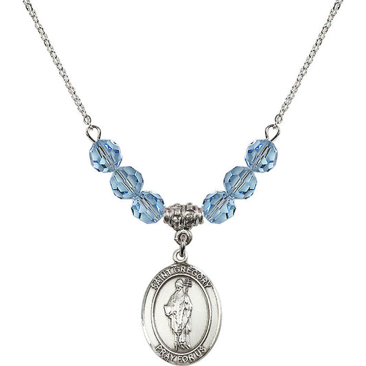 Sterling Silver Saint Gregory the Great Birthstone Necklace with Aqua Beads - 8048