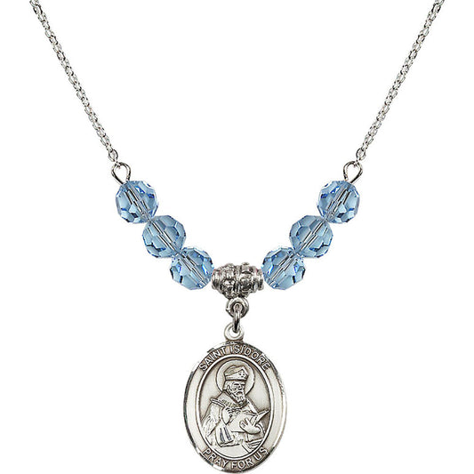 Sterling Silver Saint Isidore of Seville Birthstone Necklace with Aqua Beads - 8049