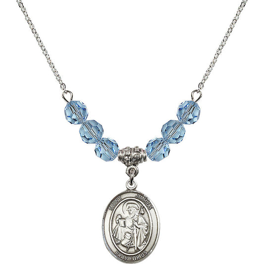 Sterling Silver Saint James the Greater Birthstone Necklace with Aqua Beads - 8050