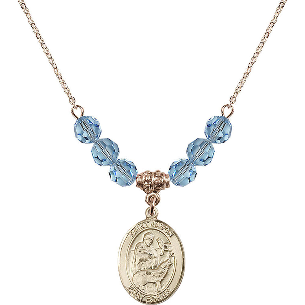 14kt Gold Filled Saint Jason Birthstone Necklace with Aqua Beads - 8051