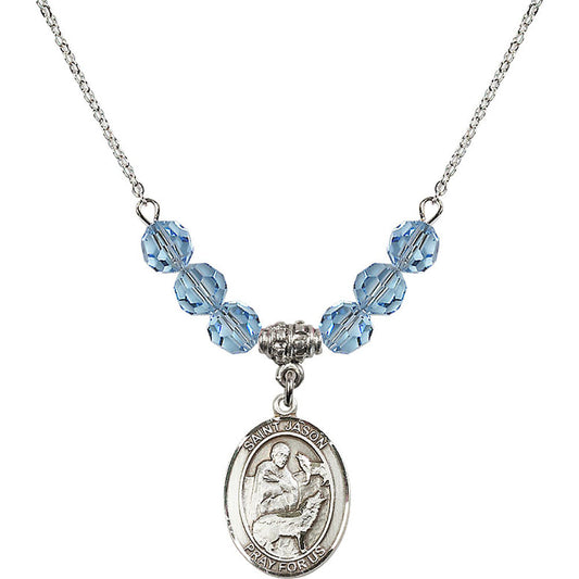 Sterling Silver Saint Jason Birthstone Necklace with Aqua Beads - 8051