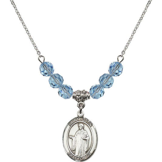 Sterling Silver Saint Justin Birthstone Necklace with Aqua Beads - 8052