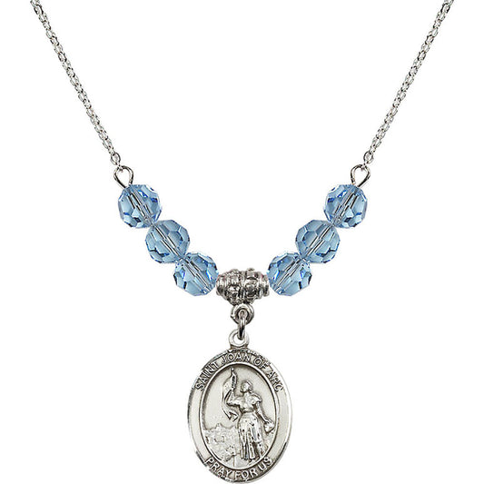 Sterling Silver Saint Joan of Arc Birthstone Necklace with Aqua Beads - 8053