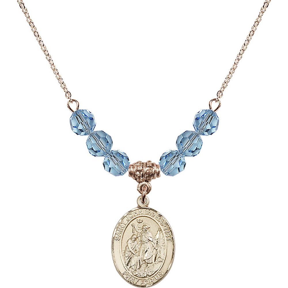 14kt Gold Filled Saint John the Baptist Birthstone Necklace with Aqua Beads - 8054