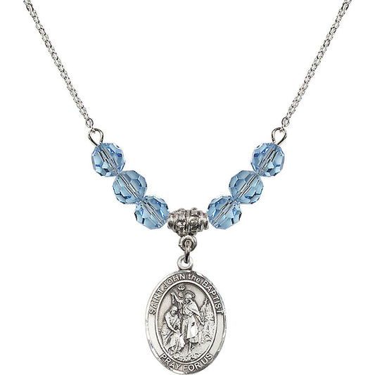 Sterling Silver Saint John the Baptist Birthstone Necklace with Aqua Beads - 8054