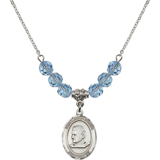 Sterling Silver Saint John Bosco Birthstone Necklace with Aqua Beads - 8055