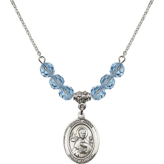Sterling Silver Saint John the Apostle Birthstone Necklace with Aqua Beads - 8056