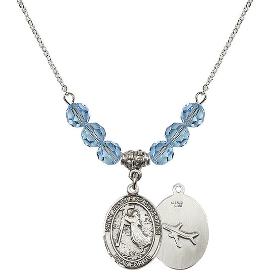 Sterling Silver Saint Joseph of Cupertino Birthstone Necklace with Aqua Beads - 8057