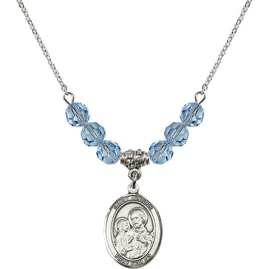 Sterling Silver Saint Joseph Birthstone Necklace with Aqua Beads - 8058