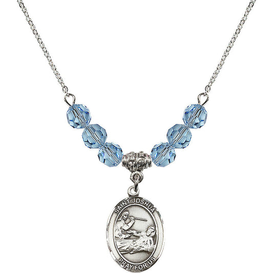 Sterling Silver Saint Joshua Birthstone Necklace with Aqua Beads - 8059