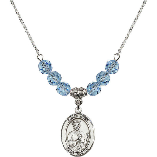 Sterling Silver Saint Jude Thaddeus Birthstone Necklace with Aqua Beads - 8060