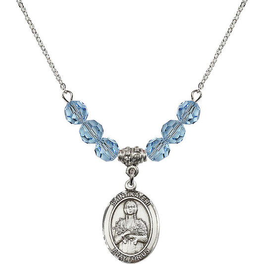 Sterling Silver Saint Kateri Tekakwitha Birthstone Necklace with Aqua Beads - 8061