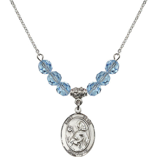 Sterling Silver Saint Kevin Birthstone Necklace with Aqua Beads - 8062