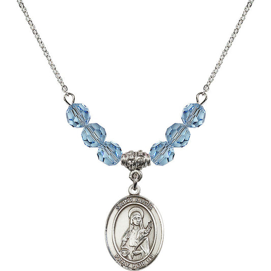Sterling Silver Saint Lucia of Syracuse Birthstone Necklace with Aqua Beads - 8065