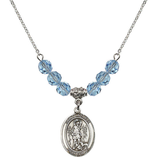 Sterling Silver Saint Lazarus Birthstone Necklace with Aqua Beads - 8066