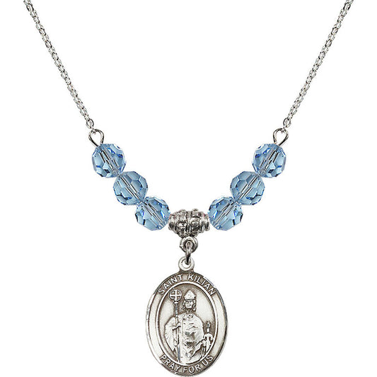 Sterling Silver Saint Kilian Birthstone Necklace with Aqua Beads - 8067