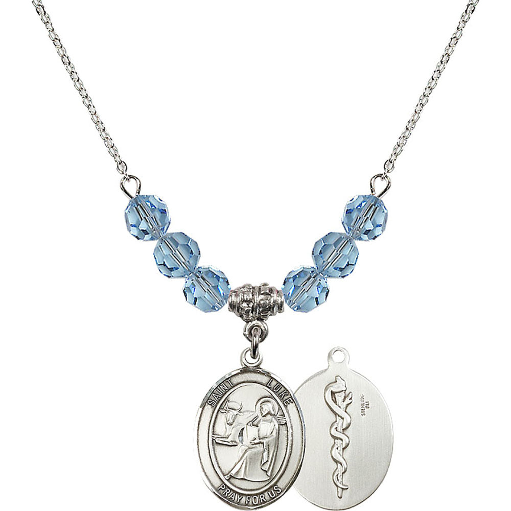 Sterling Silver Saint Luke the Apostle / Doctor Birthstone Necklace with Aqua Beads - 8068