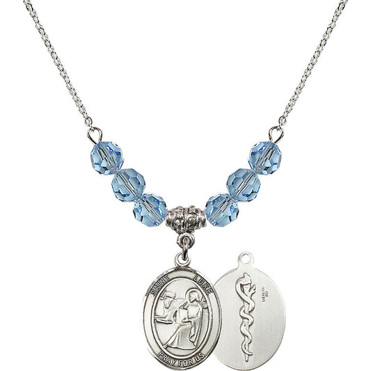 Sterling Silver Saint Luke the Apostle / Doctor Birthstone Necklace with Aqua Beads - 8068