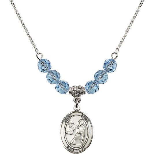 Sterling Silver Saint Luke the Apostle Birthstone Necklace with Aqua Beads - 8068