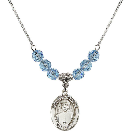 Sterling Silver Saint Maria Faustina Birthstone Necklace with Aqua Beads - 8069