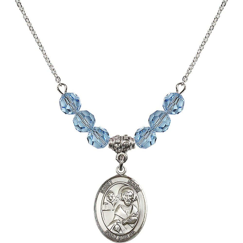 Sterling Silver Saint Mark the Evangelist Birthstone Necklace with Aqua Beads - 8070