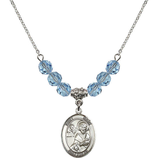 Sterling Silver Saint Mark the Evangelist Birthstone Necklace with Aqua Beads - 8070