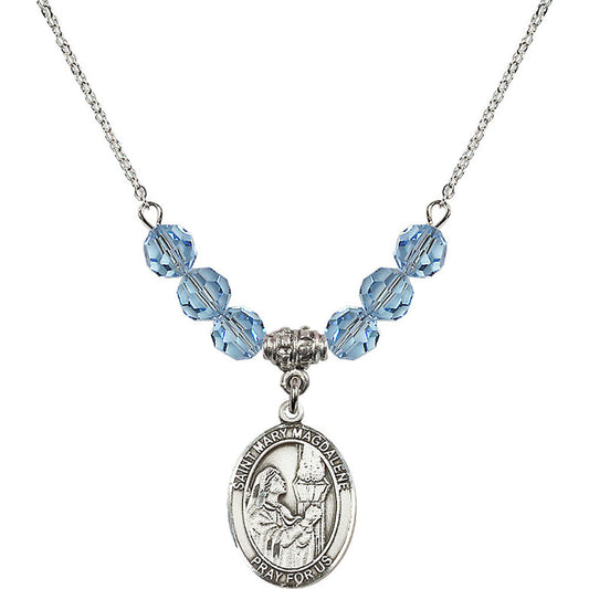 Sterling Silver Saint Mary Magdalene Birthstone Necklace with Aqua Beads - 8071