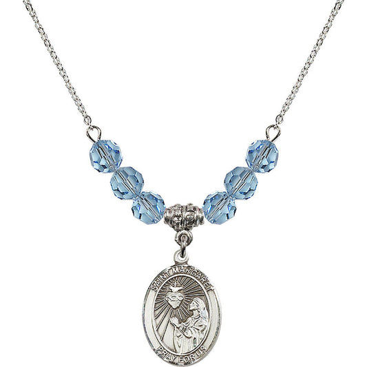 Sterling Silver Saint Margaret Mary Alacoque Birthstone Necklace with Aqua Beads - 8072