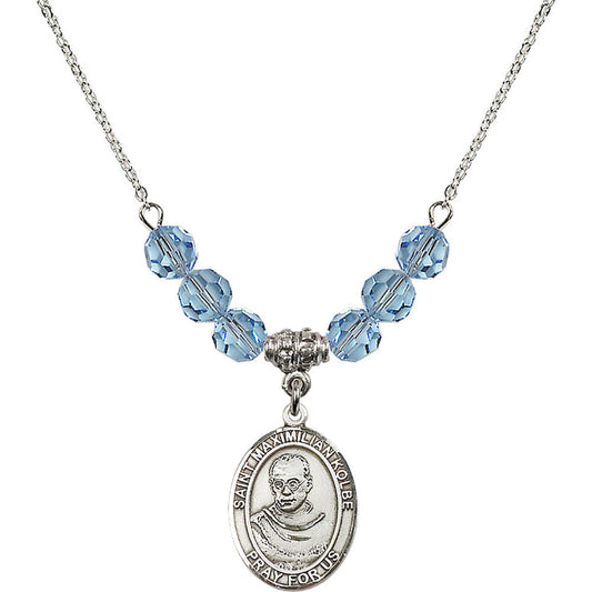 Sterling Silver Saint Maximilian Kolbe Birthstone Necklace with Aqua Beads - 8073
