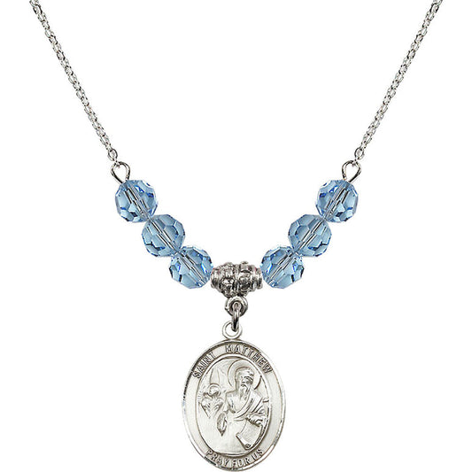 Sterling Silver Saint Matthew the Apostle Birthstone Necklace with Aqua Beads - 8074
