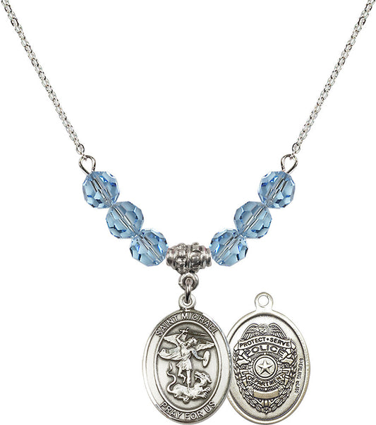 Sterling Silver Saint Michael / Policeman Birthstone Necklace with Aqua Beads - 8076