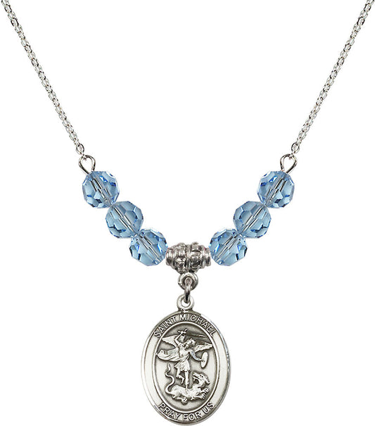 Sterling Silver Saint Michael the Archangel Birthstone Necklace with Aqua Beads - 8076