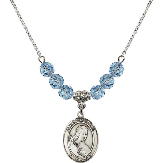 Sterling Silver Saint Philomena Birthstone Necklace with Aqua Beads - 8077