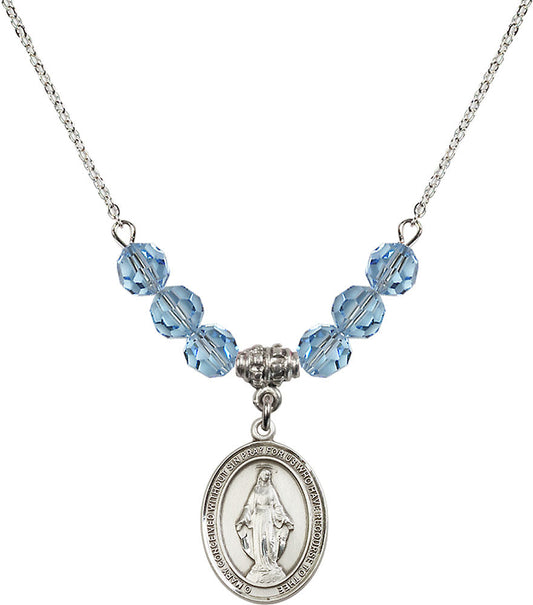 Sterling Silver Miraculous Birthstone Necklace with Aqua Beads - 8078